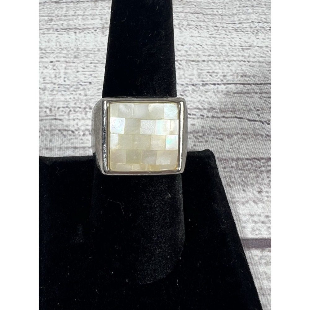 Vintage Lia Sophia Silver Tone Mother Of‎ Pearl Mosaic Ring Size 8